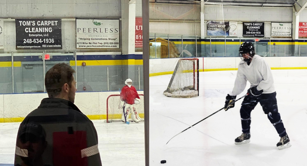 Picture of Crystal Fieldhouse hockey arena on the ice. Two players one goalie